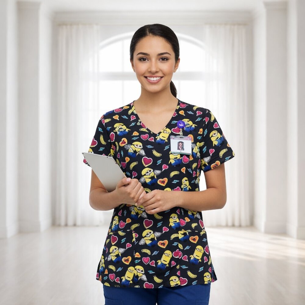 Despicable Me Minions Scrub Top Medium | Cartoon Hearts Bananas Nurse Uniform